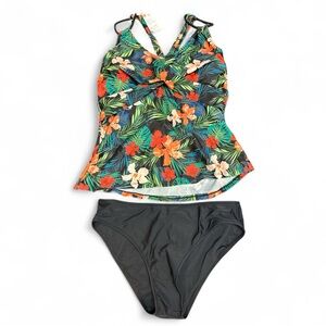 Tropical Floral Tankini Set Racerback Tie‎